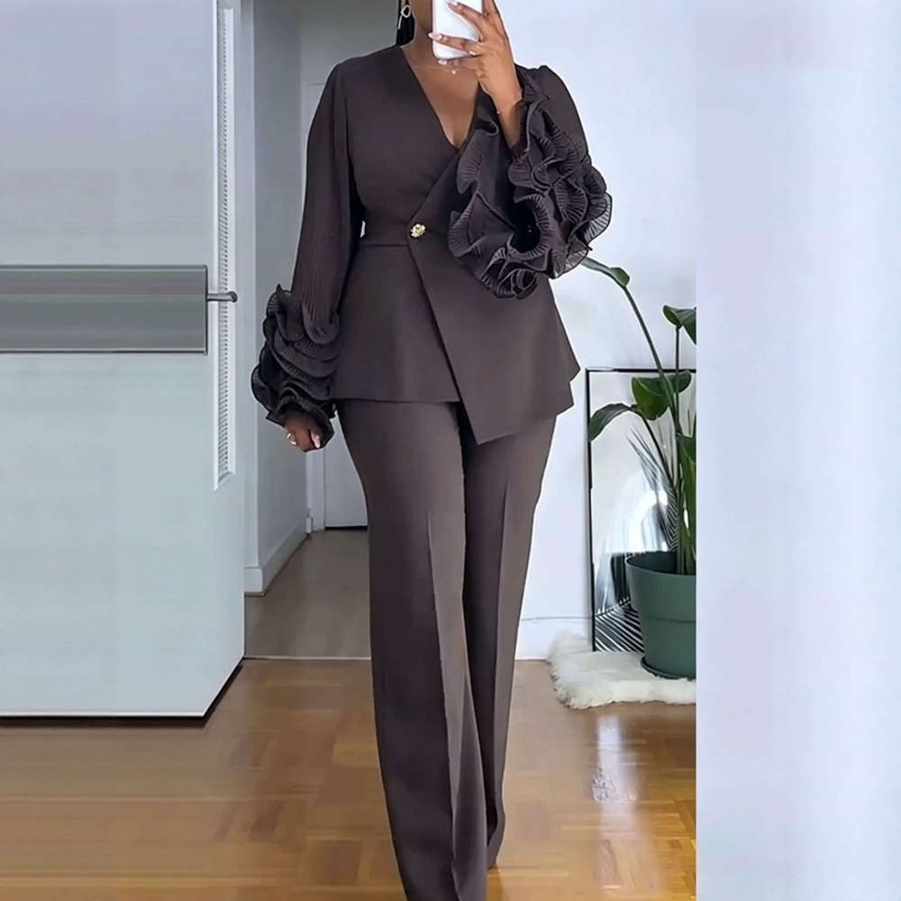 Women'S Formal Wear Suits - Women's 2‑Piece Pant Suit Deep‑V Ruffle