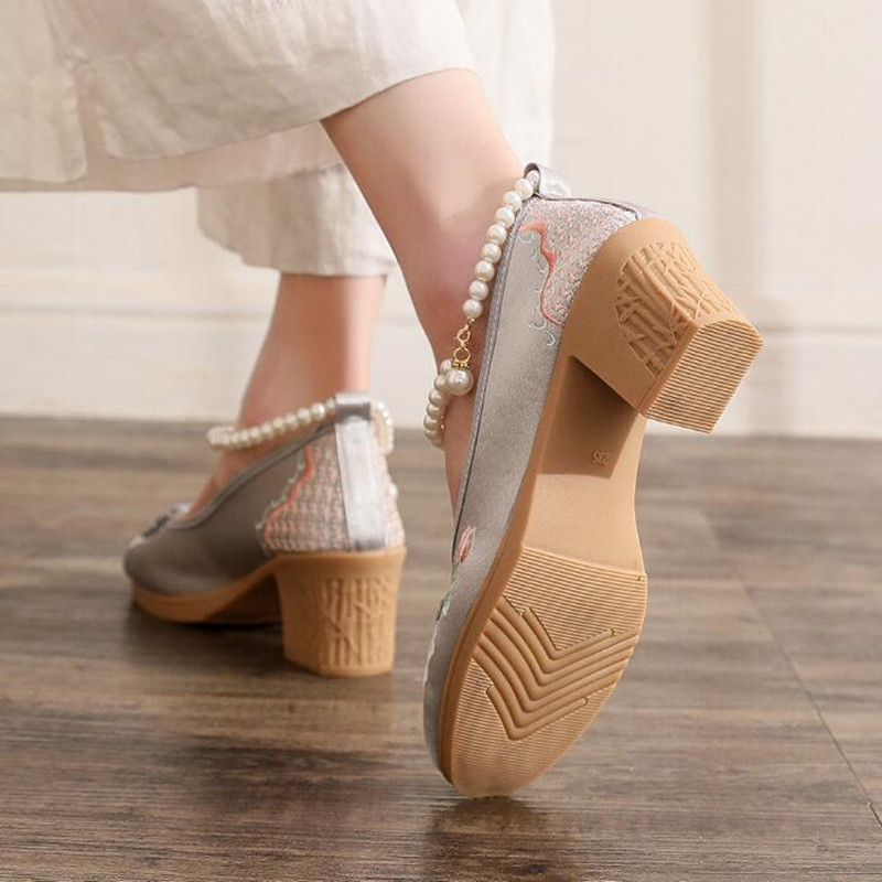 Women Vintage Pearls Ankle Str - Pump Heel Block recension och pris